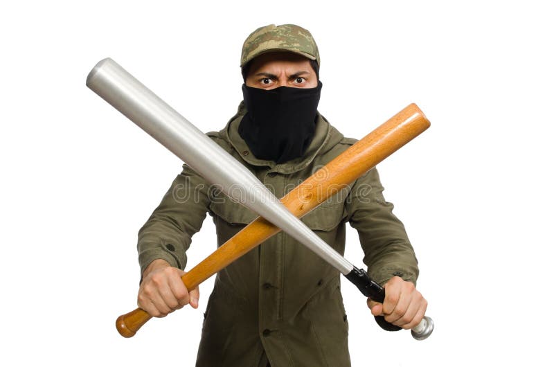 The Funny Man with Baseball Bat Isolated on White Stock Photo Image