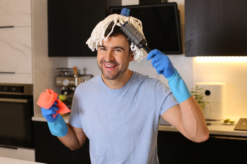 Funny Man Combing His Mop Hair Stock Photo Image of hygiene
