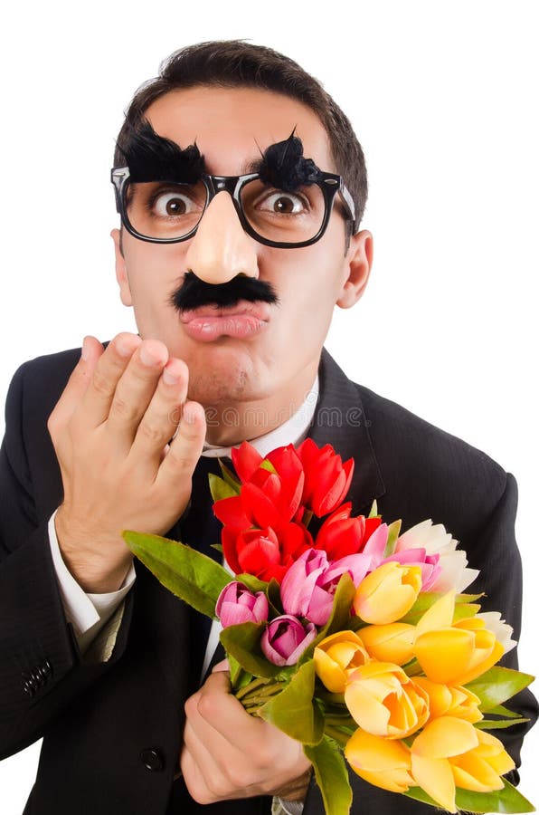 Funny Man with Flowers Isolated on White Stock Photo Image of humor
