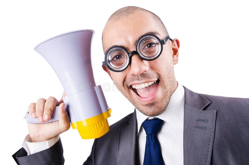Funny man with loudspeaker stock image