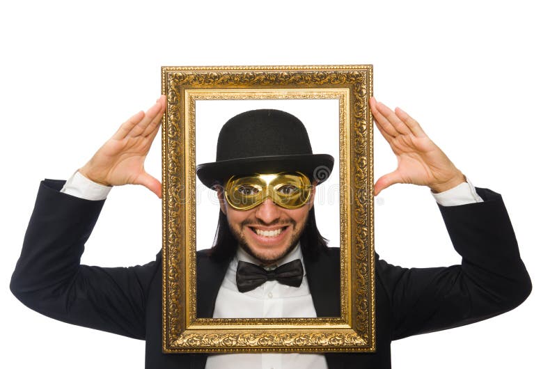 The Funny Man with Picture Frame on White Stock Image Image of male