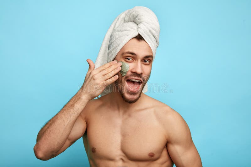 Funny man wants to have perfect skin. Skin care concept stock photo Funny man wants to have perfect skin. Skin care concept stock photo