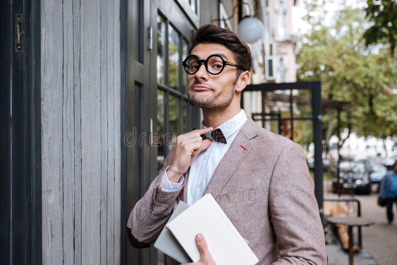 Funny Man Wearing Eyeglasses and Bow at the Cafe Stock Image Image of