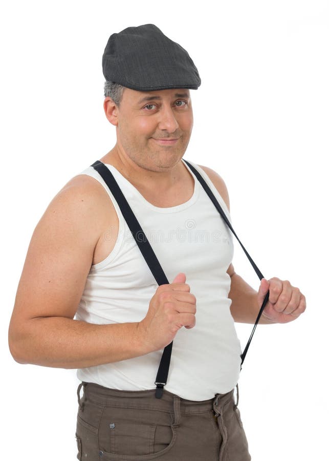Funny Man is Wearing a White, Suspenders and Tank Top. he Wears