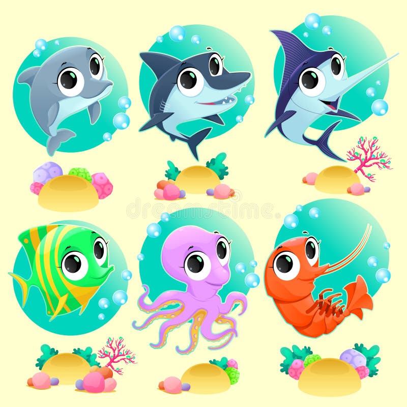 Funny marine animals with backgrounds. Vector cartoon illustration