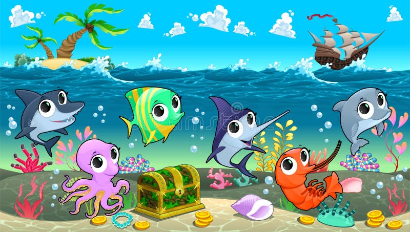 Funny marine animals in the sea with galleon. Vector cartoon illustration