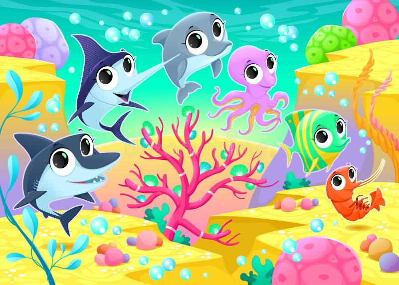 Funny marine animals under the sea. Cartoon illustration