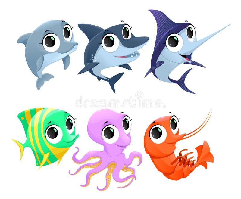 Funny marine animals. Vector cartoon isolated characters.