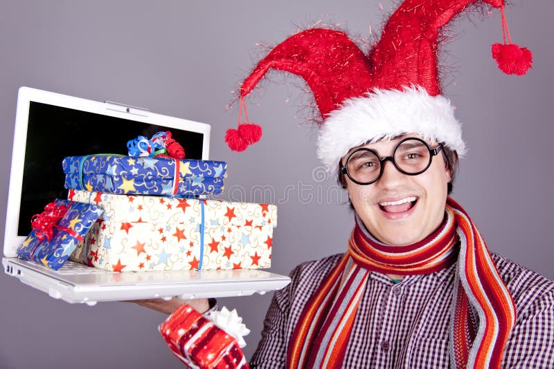 Funny men with gift boxes and notebook.