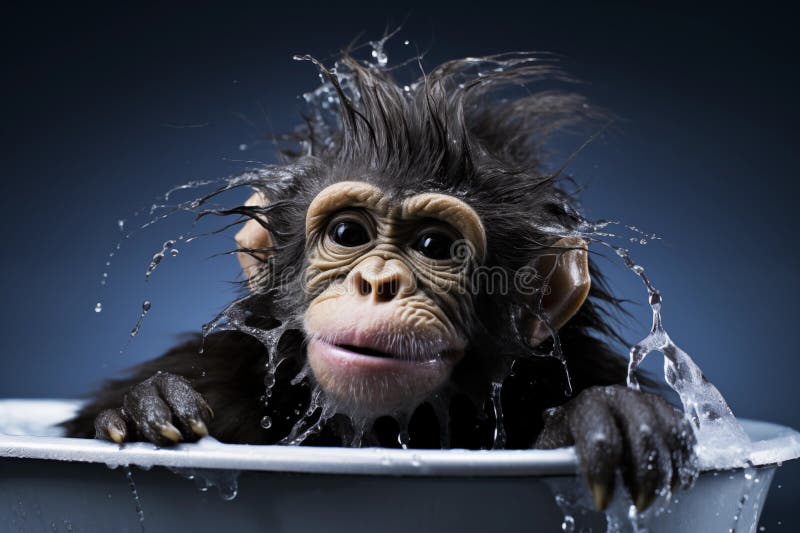Funny monkey sitting in bath. Generative AI royalty free stock images
