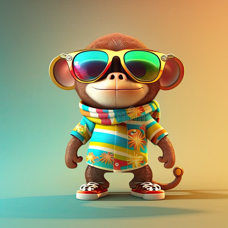 Funny Monkey Wearing Sunglasses on a Colorful Background. Generative AI
