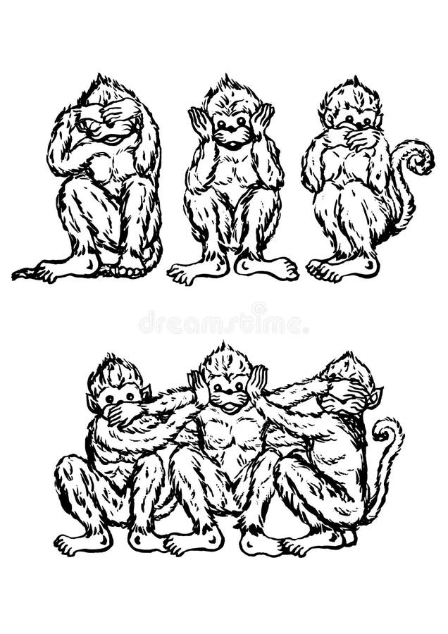 Funny 3 monkeys close body concept, vector illustration design, hand drawn