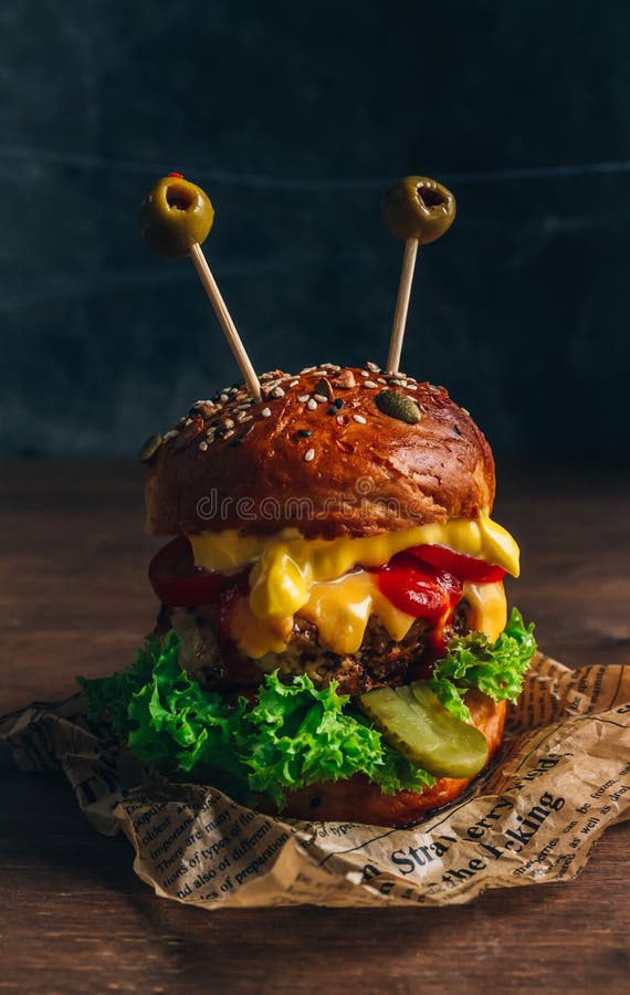 Funny Monster Chicken Burger with Salad, Tomato, Cucumber, Cheese and ...