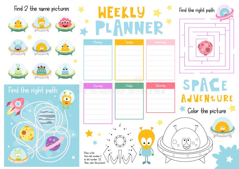 Funny Monsters Kids Weekly Planner Template. Schedule for Children. Set of Kids Puzzles for Preschool, Kindergarten, School. Vector illustration