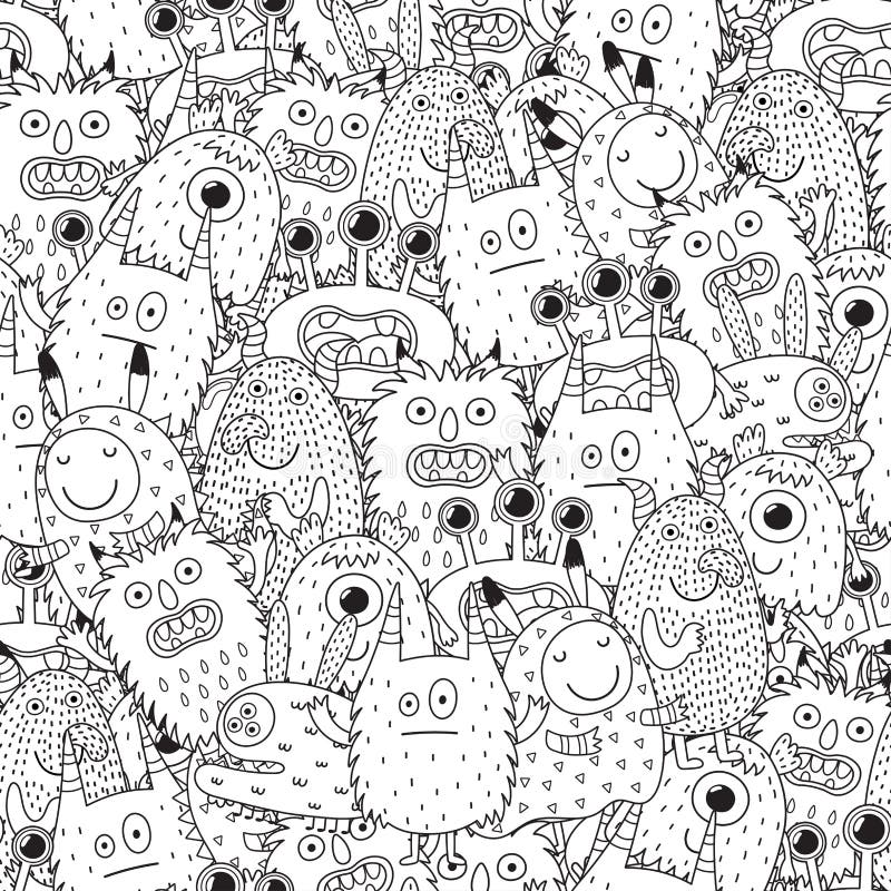 Funny monsters seamless pattern for coloring book