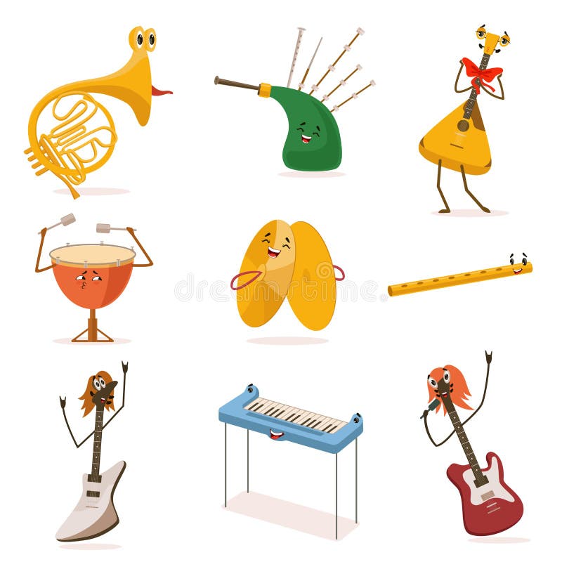 Funny Musical Instruments Cartoon Characters with Funny Faces Set, Guitar,  Synthesizer, Flute, Bagpipes, Balalaika Stock Vector - Illustration of  musical, horn: 153850318