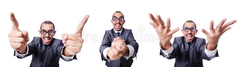 The funny nerd businessman isolated on white. White funny face stock images, royalty-free photos and pictures
