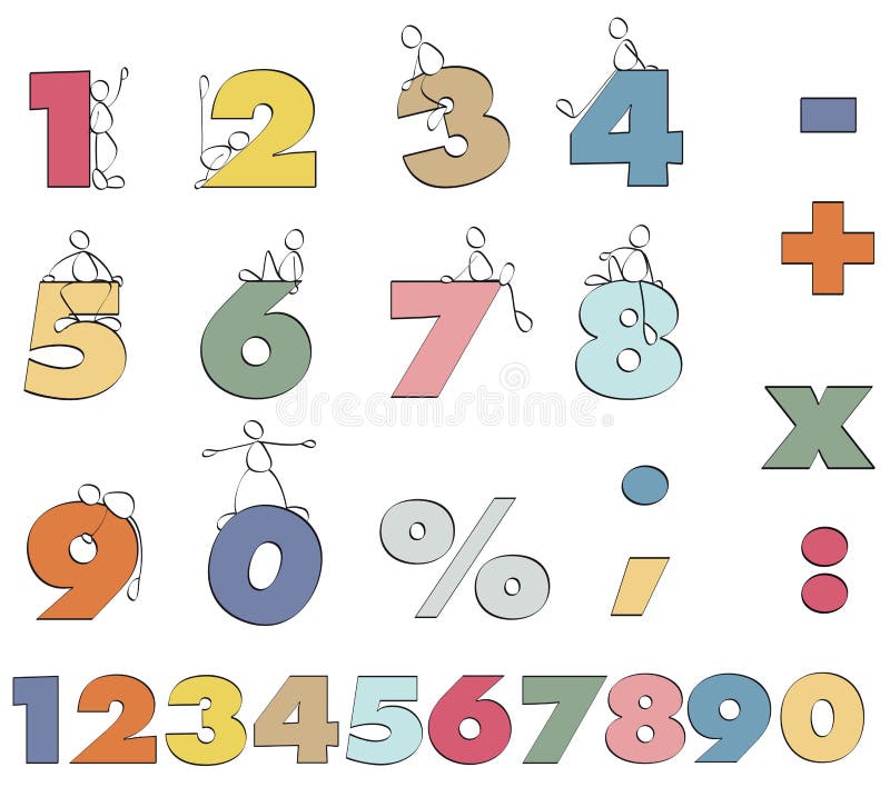 Funny hand drawn set of cartoon styled font colorful numbers one