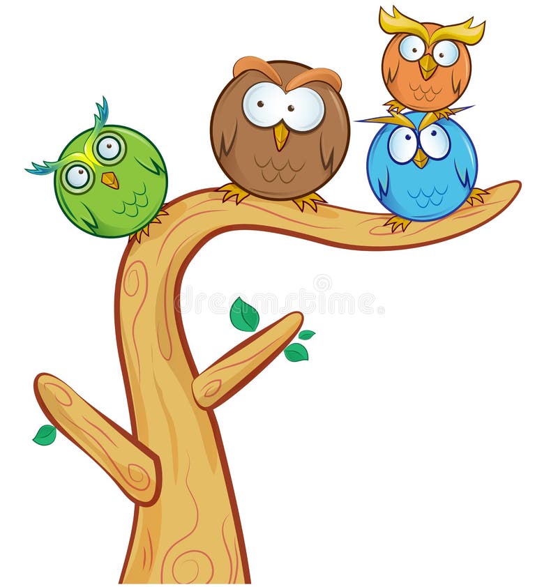 Funny owl group cartoon on tree stock illustration
