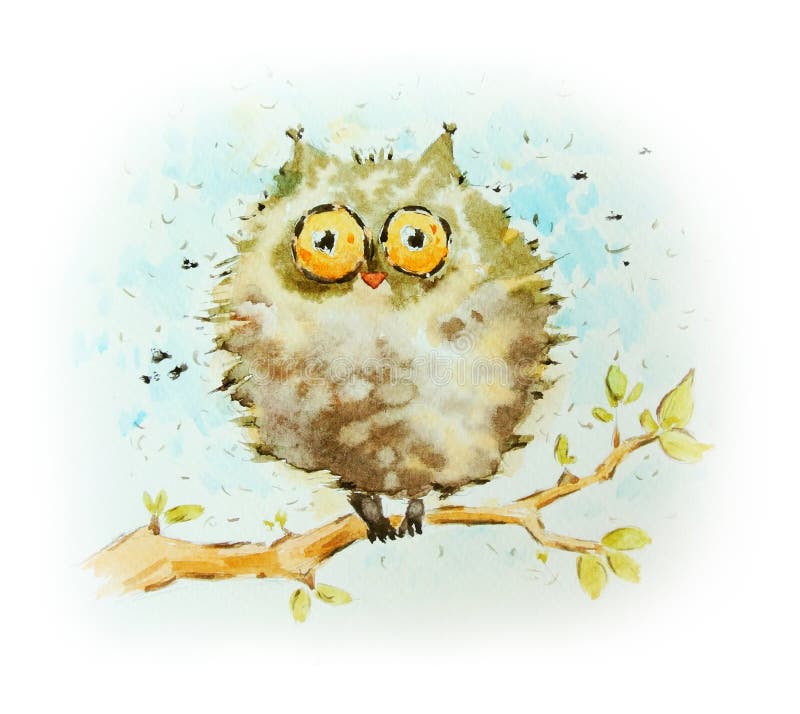 Funny Owl Watercolor Painting Stock Illustration Illustration Of