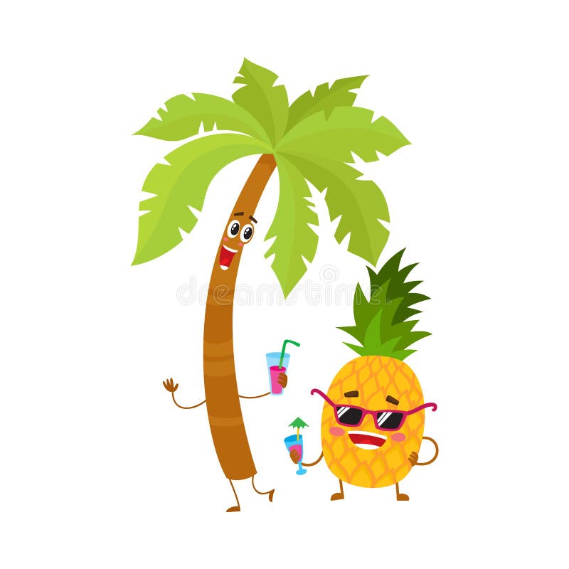 Funny pineapple and tropic palm characters holding cocktail glasses