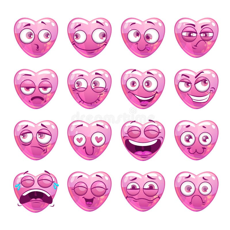 Funny pink heart emoji icons set.