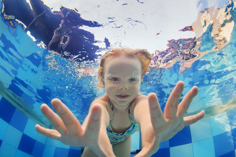 Funny Portrait of Baby Girl Swimming Underwater in Pool Stock Image ...