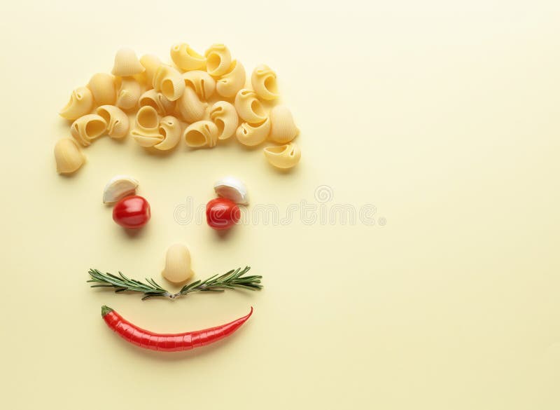 Funny Portrait of a Chef. Using Ingredients for Making Pasta Stock