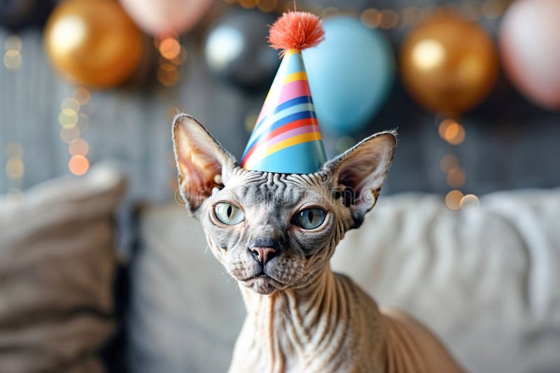 Funny portrait of a sphinx cat with a party hat is standing in front of a bunch of balloons royalty free illustration