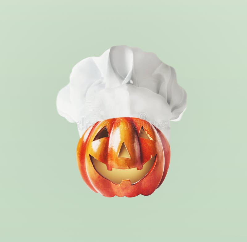 Funny Pumpkin Jack head with chef hat with copy space. Halloween and Thanksgiving