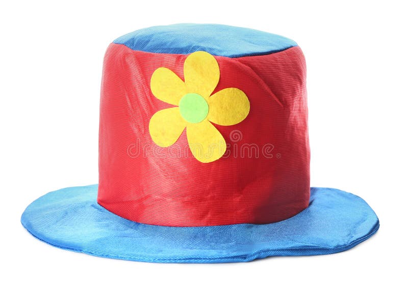 Funny Red Hat with Flower Isolated on White. Clown`s Accessory Stock
