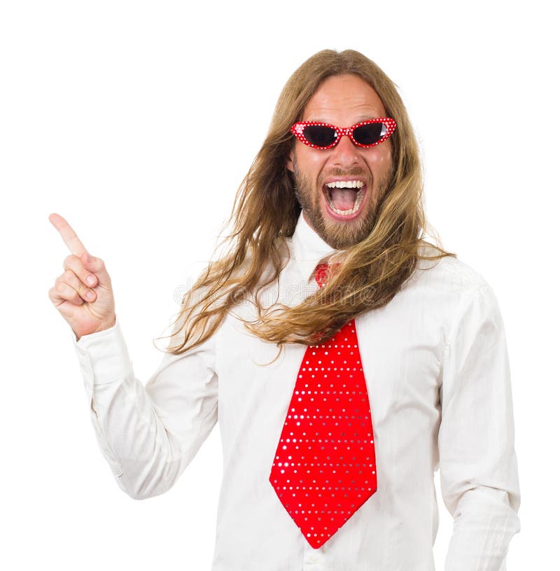Funny retro hippie man pointing at copyspace stock photography