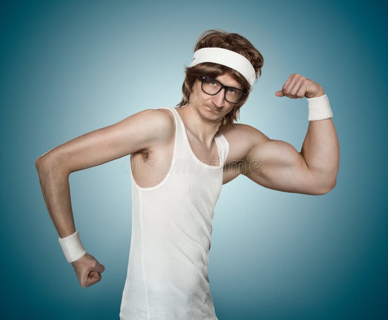 Funny retro nerd with one huge arm flexing his muscle over blue background