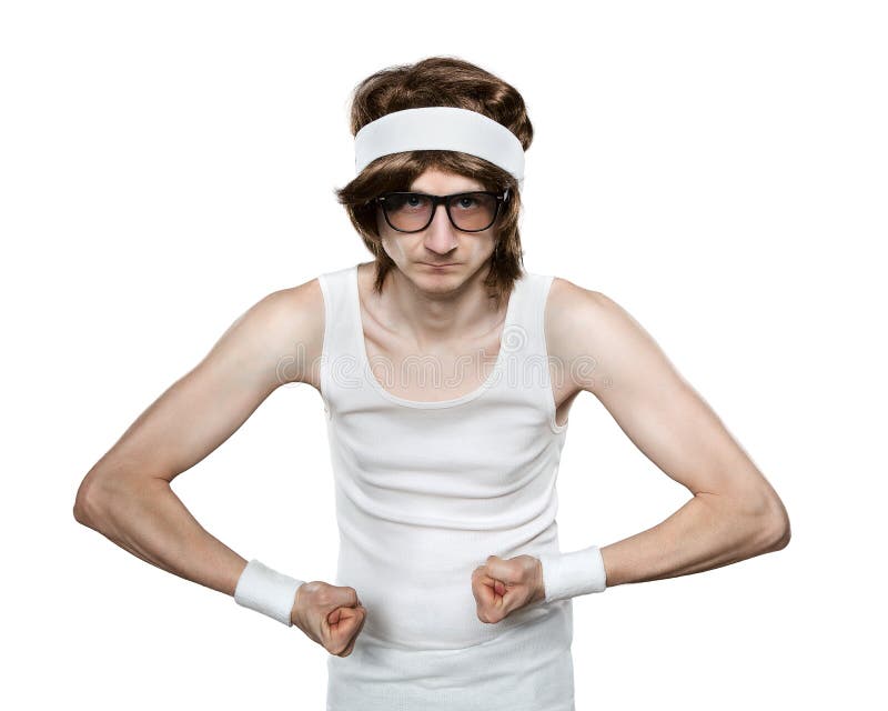 Funny retro nerd flexing his muscle isolated on white background. Funny retro nerd flexing his muscle isolated on white background