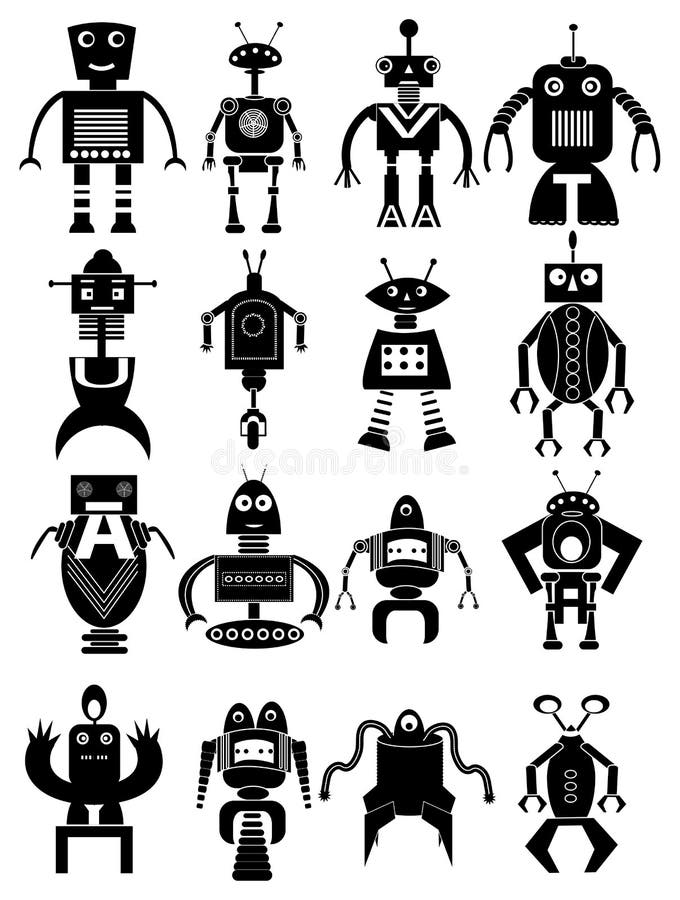Funny robot icons set stock illustration
