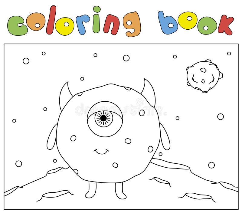 Funny round monster on the surface of the moon. Coloring book for kids