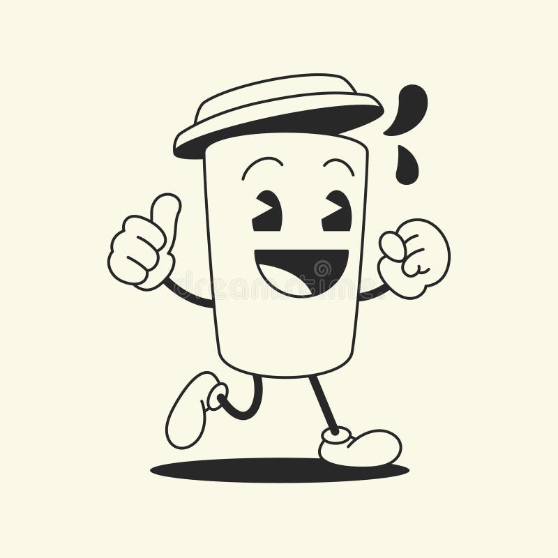 Funny Running Coffee Paper Cup To Go Comic Character Retro 30s