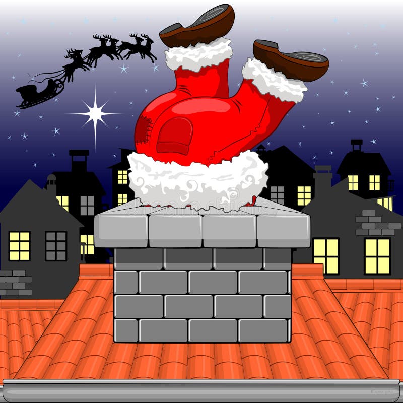 Funny Christmas Santa Claus Stuck in the Chimney, on Quiet Christmas City by Night