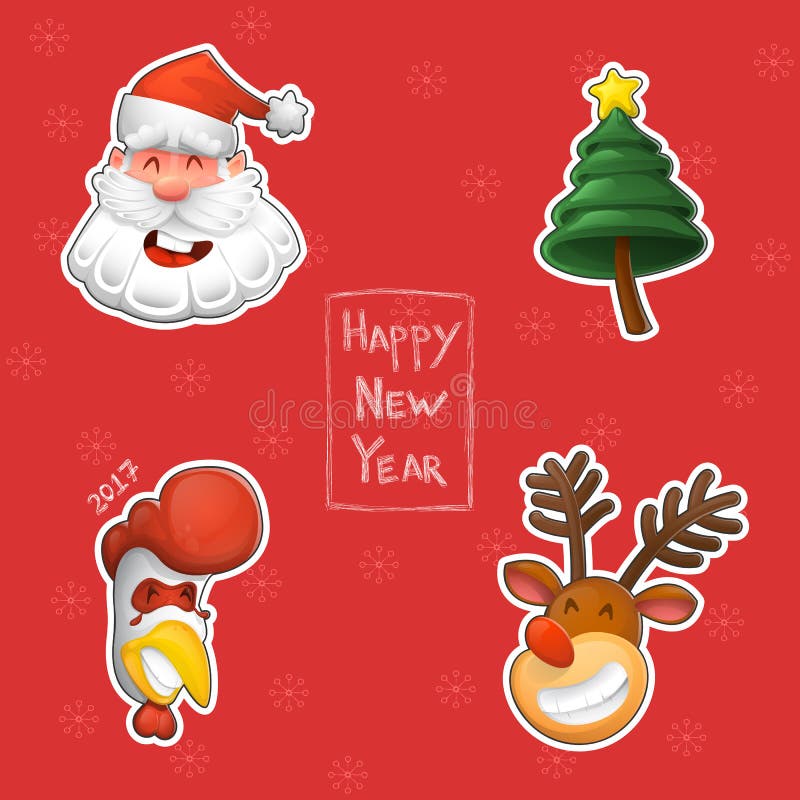 Funny Santa Claus, a symbol of the new year, rooster, reindeer and Christmas tree. stock illustration