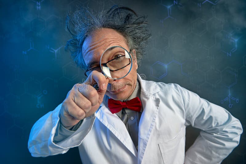 Funny Scientist Looking through a Magnifying Glass Stock Photo Image