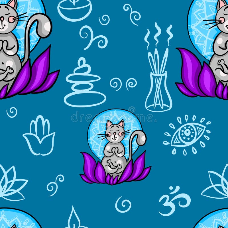Funny seamless pattern with cartoon cat doing yoga position. Cat meditation in lotus. Healthy lifestyle concept stock illustration Funny seamless pattern with cartoon cat doing yoga position. Cat meditation in lotus. Healthy lifestyle concept stock illustration