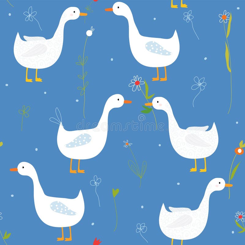 Funny seamless pattern with goose and flower cute