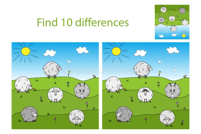 Funny Sheep Grazing in the Meadow. Find 10 Differences Stock Vector -  Illustration of card, blue: 166101775