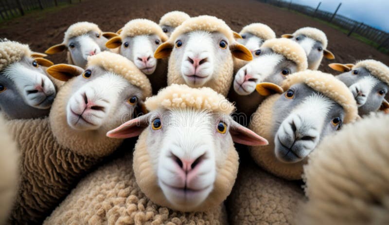 Funny Sheep Take a Selfie on the Farm. Generative Ai Stock Photo