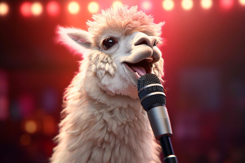 Funny singing llama with microphone illustration Generative AI. Singing llama illustrations