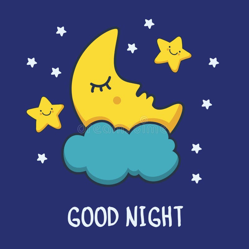 Funny sketching sleeping moon and smiling stars. Vector cartoon royalty free illustration
