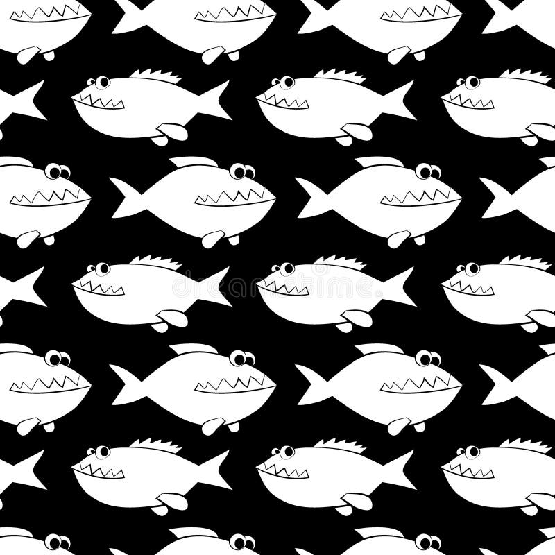 Funny smiling predatory fishes, piranhas. Seamless pattern on black background, vector