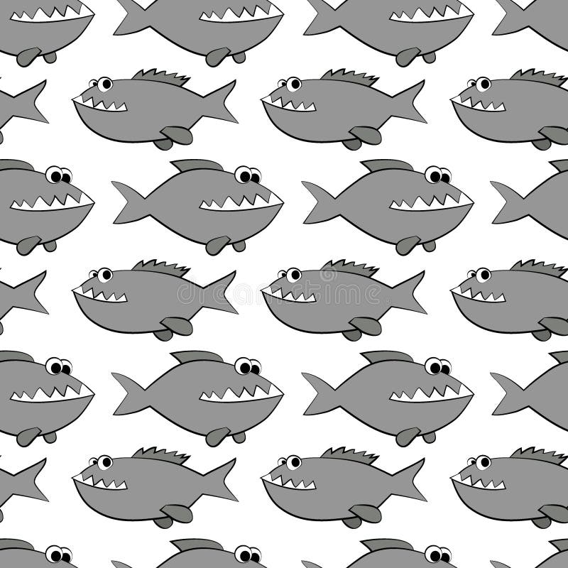 Funny smiling predatory fishes, piranhas. Seamless pattern on white background, vector