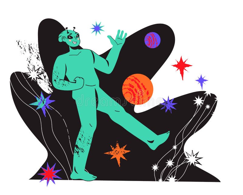 Funny smiling space alien green humanoid among space objects, flat vector. stock illustration