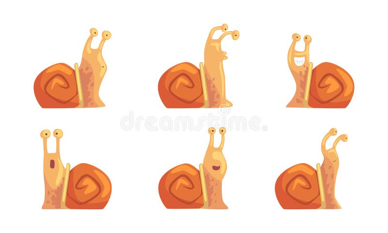 Funny snail emotions set. Brown helix curious, surprised, confused facial expression cartoon vector illustration vector illustration